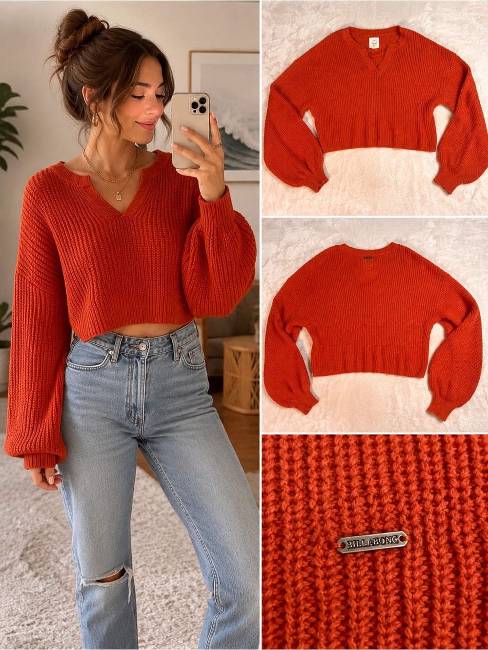Billabong Burnt Orange Chunky Knit Cropped Sweater Women’s Medium Balloon Sleeve